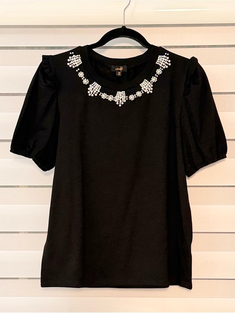 On Twelfth Black Pearl Neck Puff Sleeve Top L